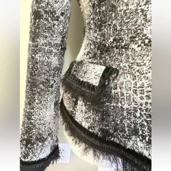 Cache' 6 Tweed Blazer Lined Clasp Closure Chiffon Trim Black White Silver Flat - Picture 3 of 11